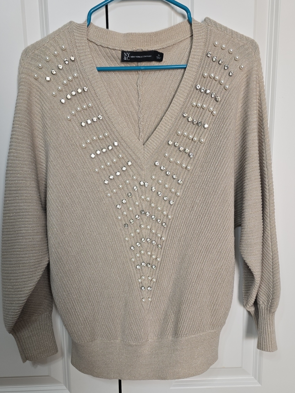 New York & Company Champagne Beaded V-Neck Sweater